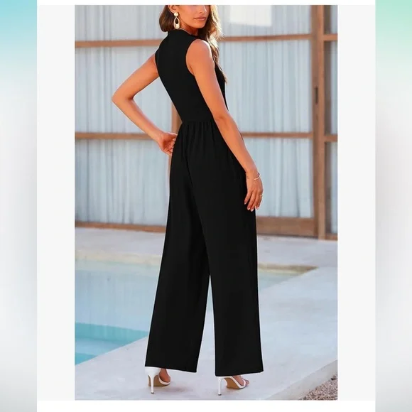 Pretty Garden Womens Summer One Piece Sleeveless Mock Neck Wide Leg Romper - Picture 3 of 9